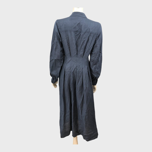 Dark Blue Stand Collar Tuck Waist Dress - Size 12