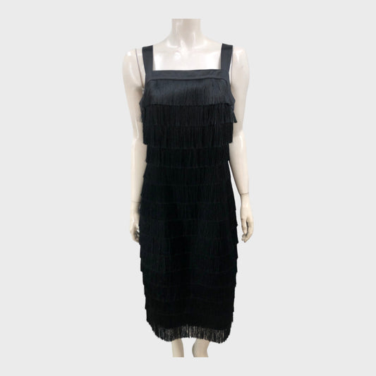 Branded Black Fringe Midi Dress - Size 12