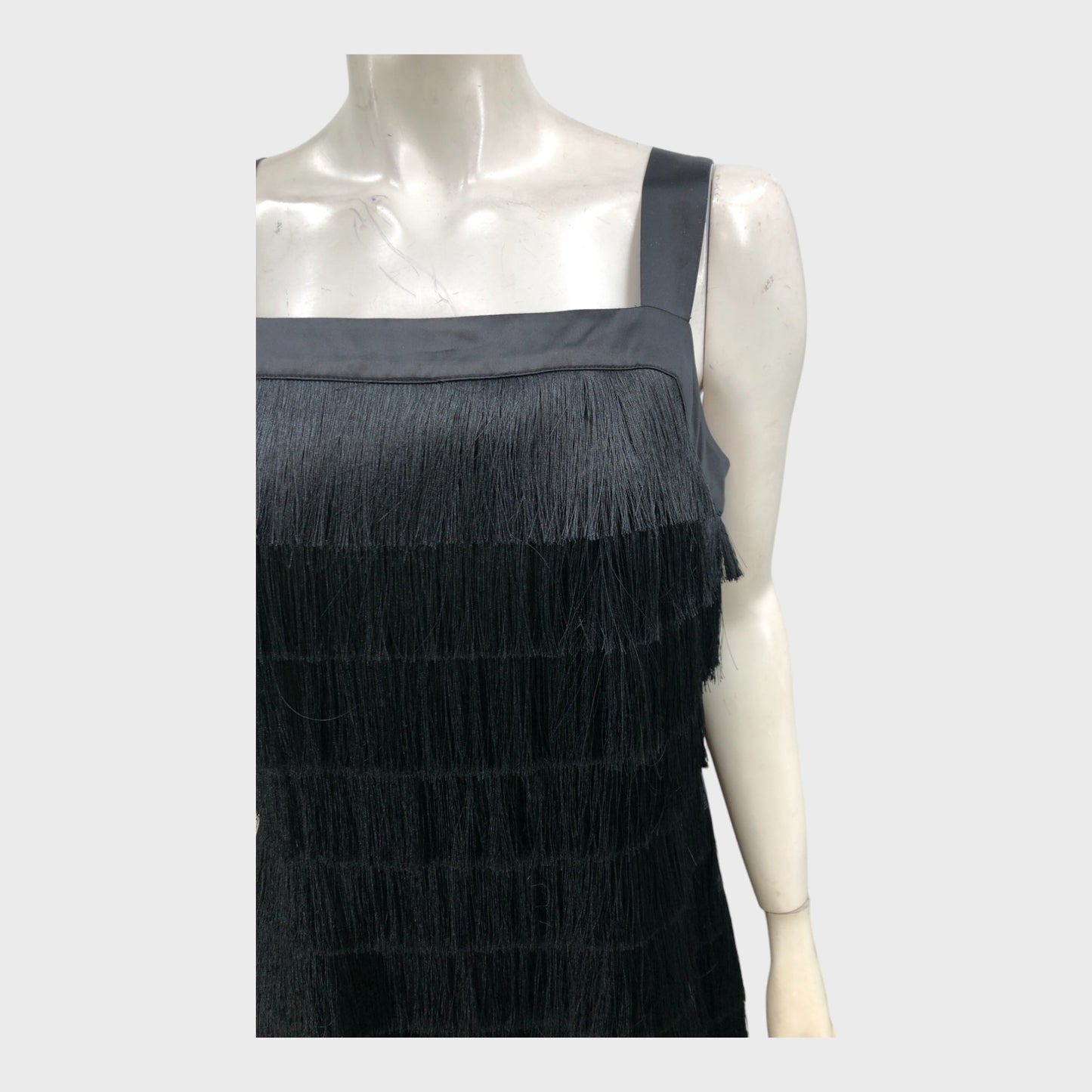 Branded Black Fringe Detail Midi Dress - Size 12