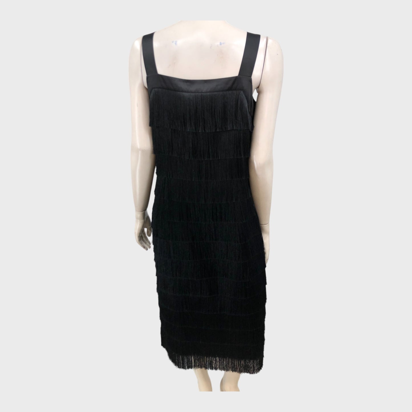 Branded Black Fringe Detail Midi Dress - Size 12