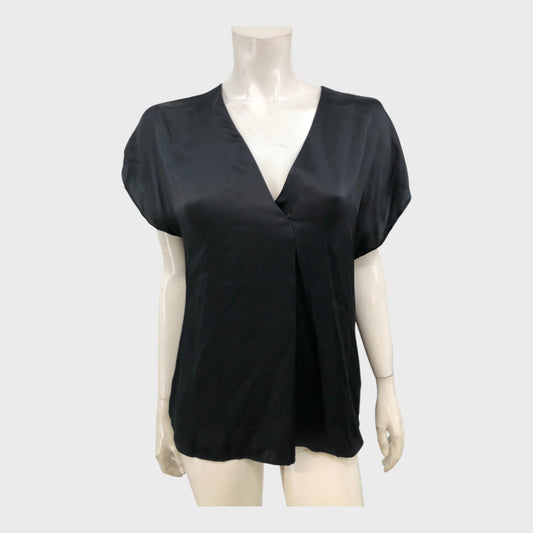 Branded Black Silk Front V-Neck T-Shirt - Size 12