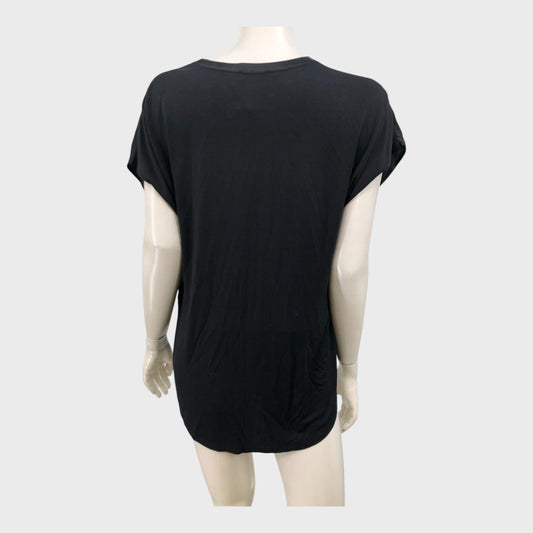 Branded Black Silk Front V-Neck T-Shirt - Size 12