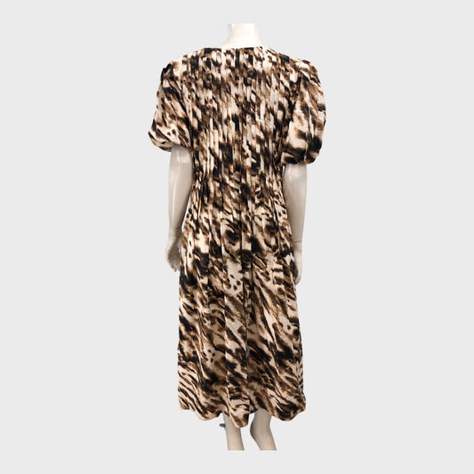 Branded Brown Animal Print Pin Tuck Midi Dress - Size 12