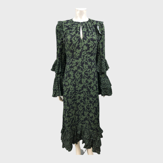 Branded Black/Dark Green Floral Printed Ruffle Midi Dress - Size 12