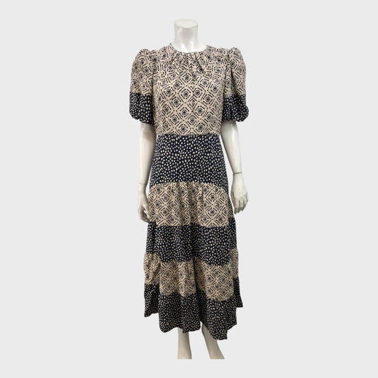 Branded Light Brown Tiered Mix Print Puff Sleeves Midi Dress - Size 12