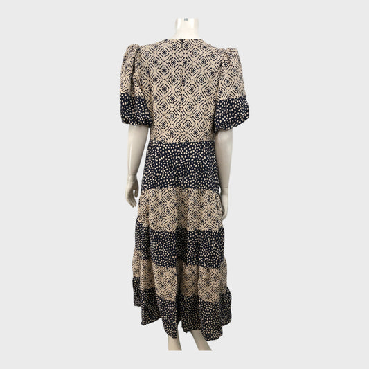 Branded Light Brown Tiered Mix Print Puff Sleeves Midi Dress - Size 12