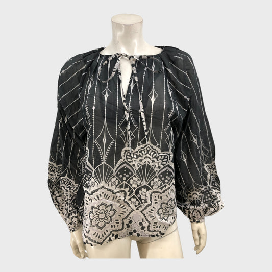 Branded Black Patterned Puff Sleeves Blouse - Size 12