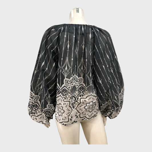 Branded Black Patterned Puff Sleeves Blouse - Size 12