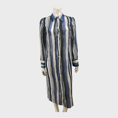 Branded Blue/Off-White/Black Print Stripe Shirt Dress - Size 12