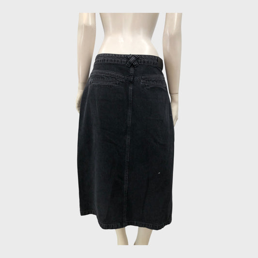 Branded Black Denim Front Zip Midi Skirt - Size 12