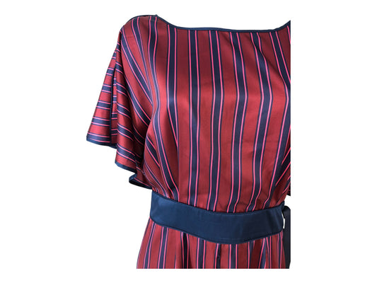 Burgundy Blue Striped Satin Midi Dress