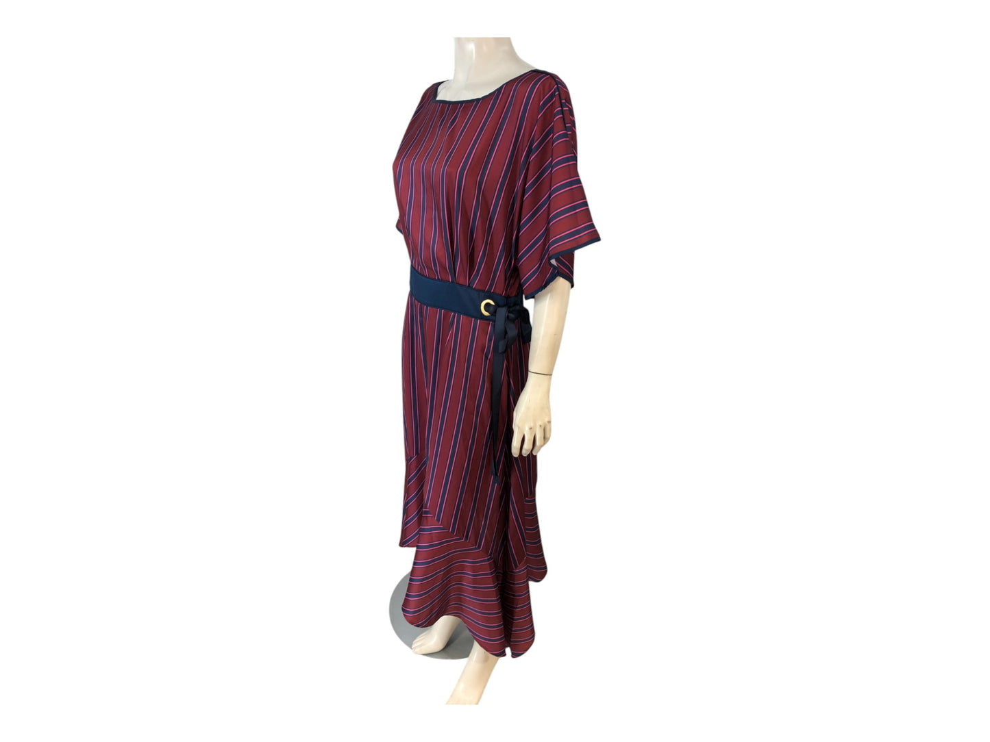 Burgundy Blue Striped Satin Midi Dress