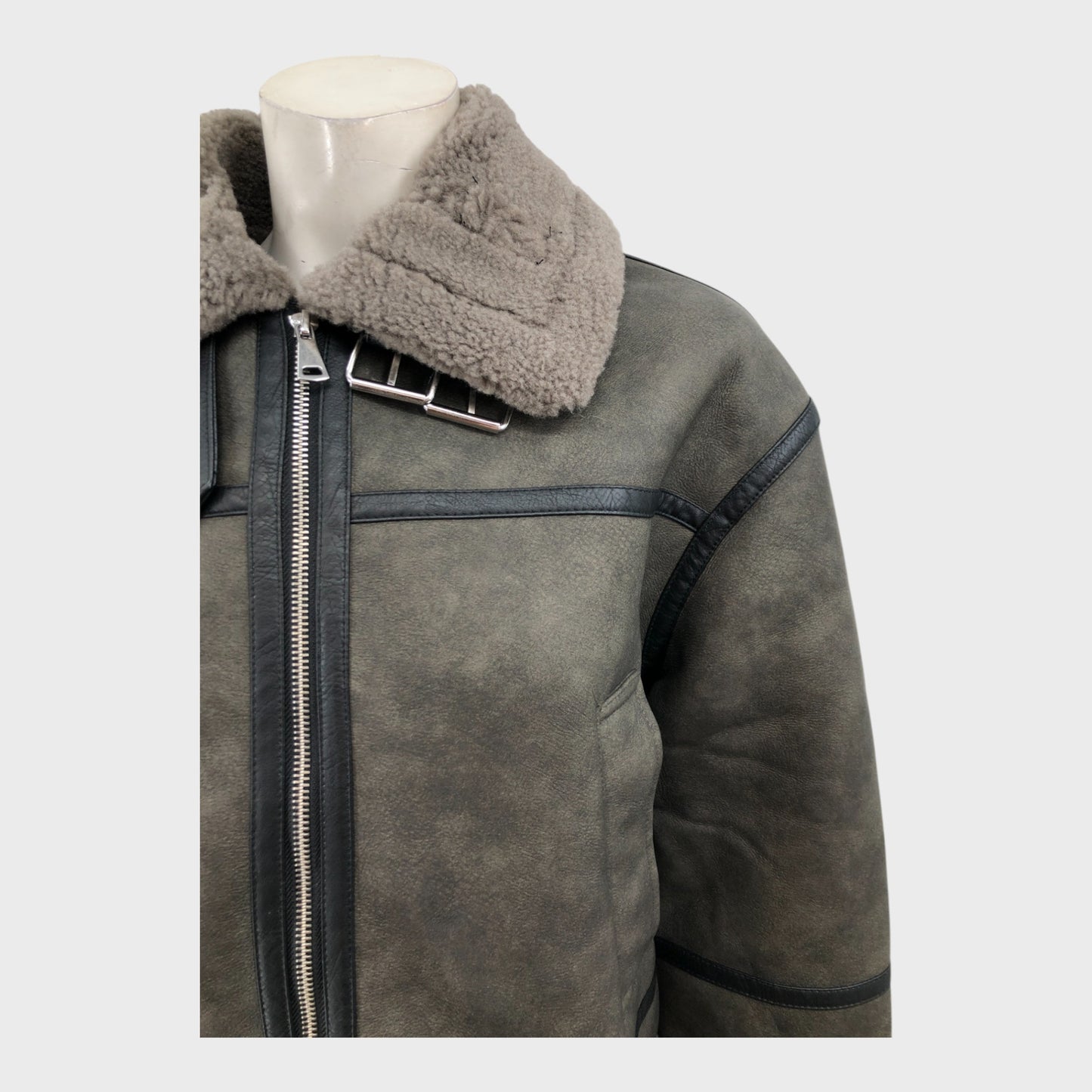 Grey Faux Leather Aviator Jacket