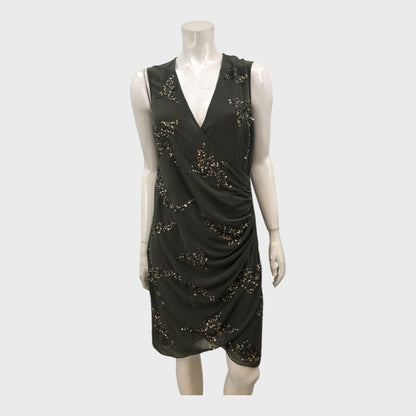 Branded Khaki Faux Wrap Embellished Dress - Size 10