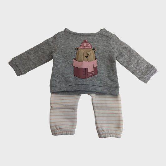 Baby Grey and Pink Winter Bear Top and Trousers Set