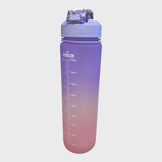Gradient Purple and Pink Water Bottle 1L With Time Marker Straw and Flip Top