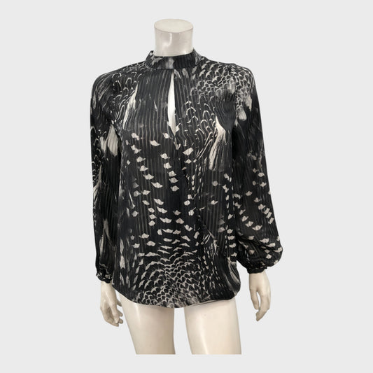 Branded Black Patterned Faux Wrap Blouse - Size 8