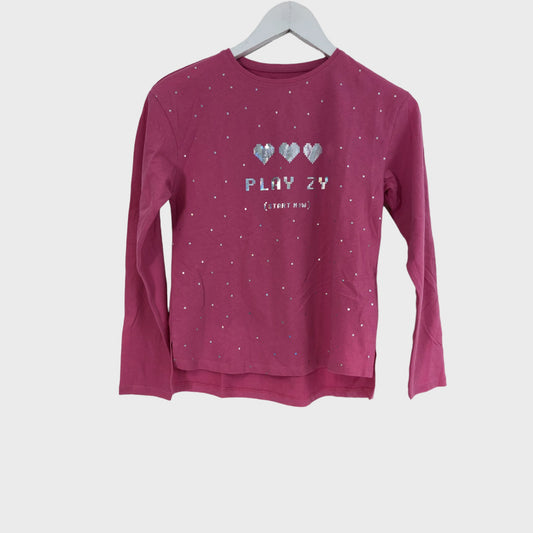 Pink Silver Pixel Heart Graphic Long Sleeved Top
