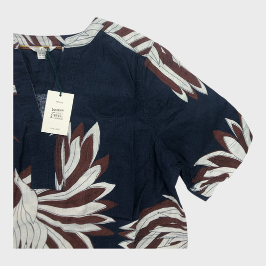 Branded Women's Crane Print Short Sleeve Linen Dress