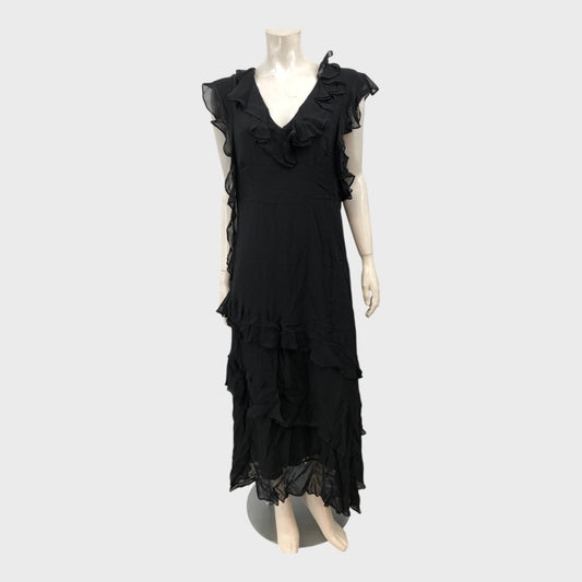 Branded Black V-Neck Ruffle Dress