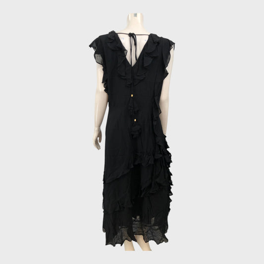 Branded Black V-Neck Ruffle Dress