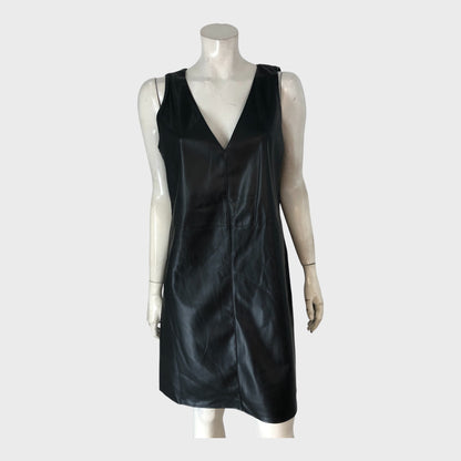 Women's Black Faux Leather V-Necked Midi Dress