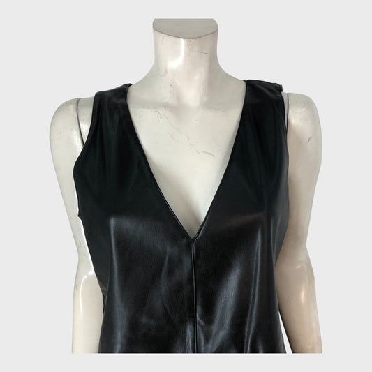 Women's Black Faux Leather V-Necked Midi Dress