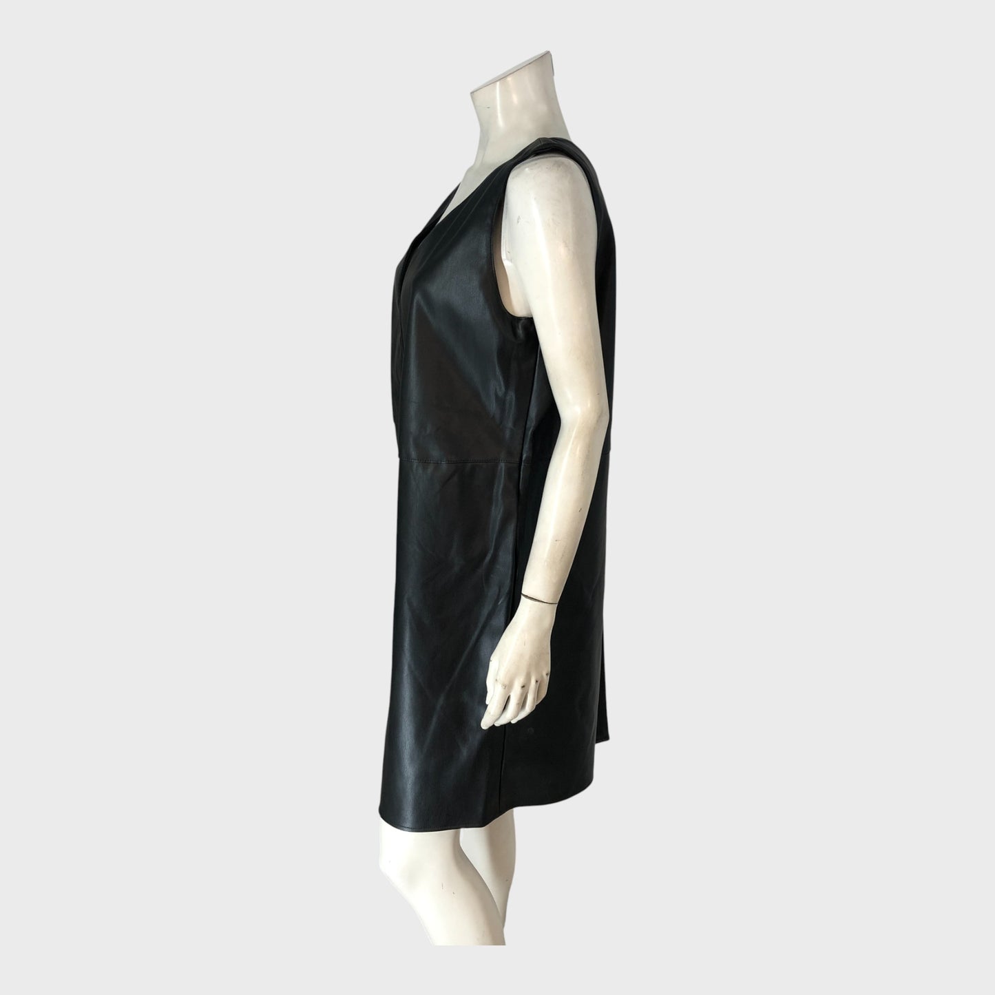 Women's Black Faux Leather V-Necked Midi Dress