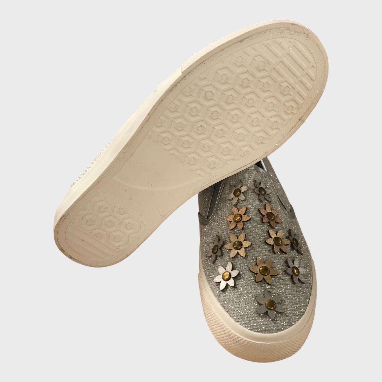 Kid's Silver Slip on Shoes - Flower Applique Detail