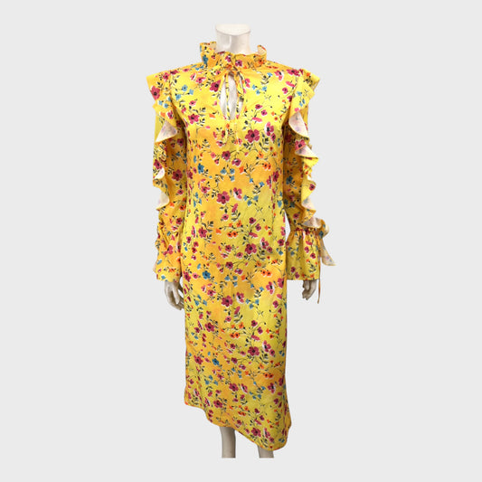 Branded Yellow Floral High Neck Ruffle Dress - Size 10