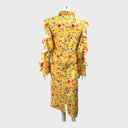 Branded Yellow Floral High Neck Ruffle Dress - Size 10