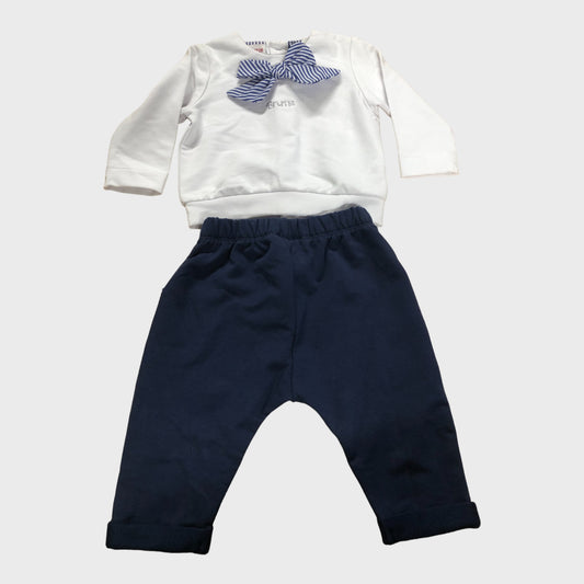 White and blue kids two piece jumper and jogger set