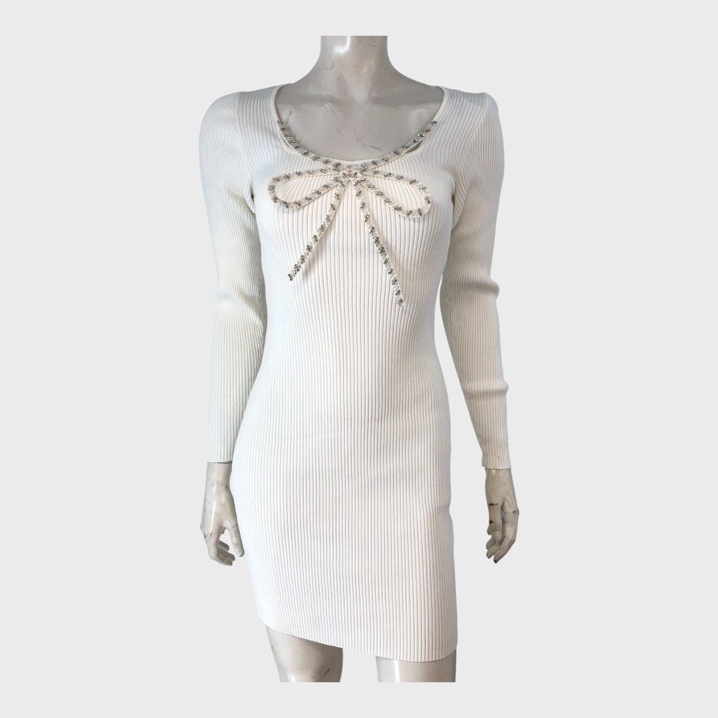 RIVER ISLAND White Ribbed Knit Mini Dress Women's Long Sleeve Beaded Bow size 12