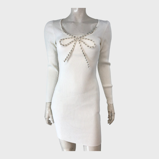 RIVER ISLAND White Ribbed Knit Mini Dress Women's Long Sleeve Beaded Bow size 12