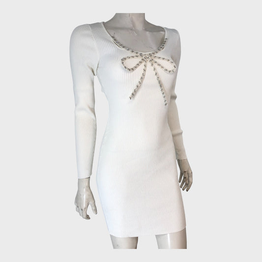 RIVER ISLAND White Ribbed Knit Mini Dress Women's Long Sleeve Beaded Bow size 12