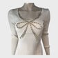 RIVER ISLAND White Ribbed Knit Mini Dress Women's Long Sleeve Beaded Bow size 12