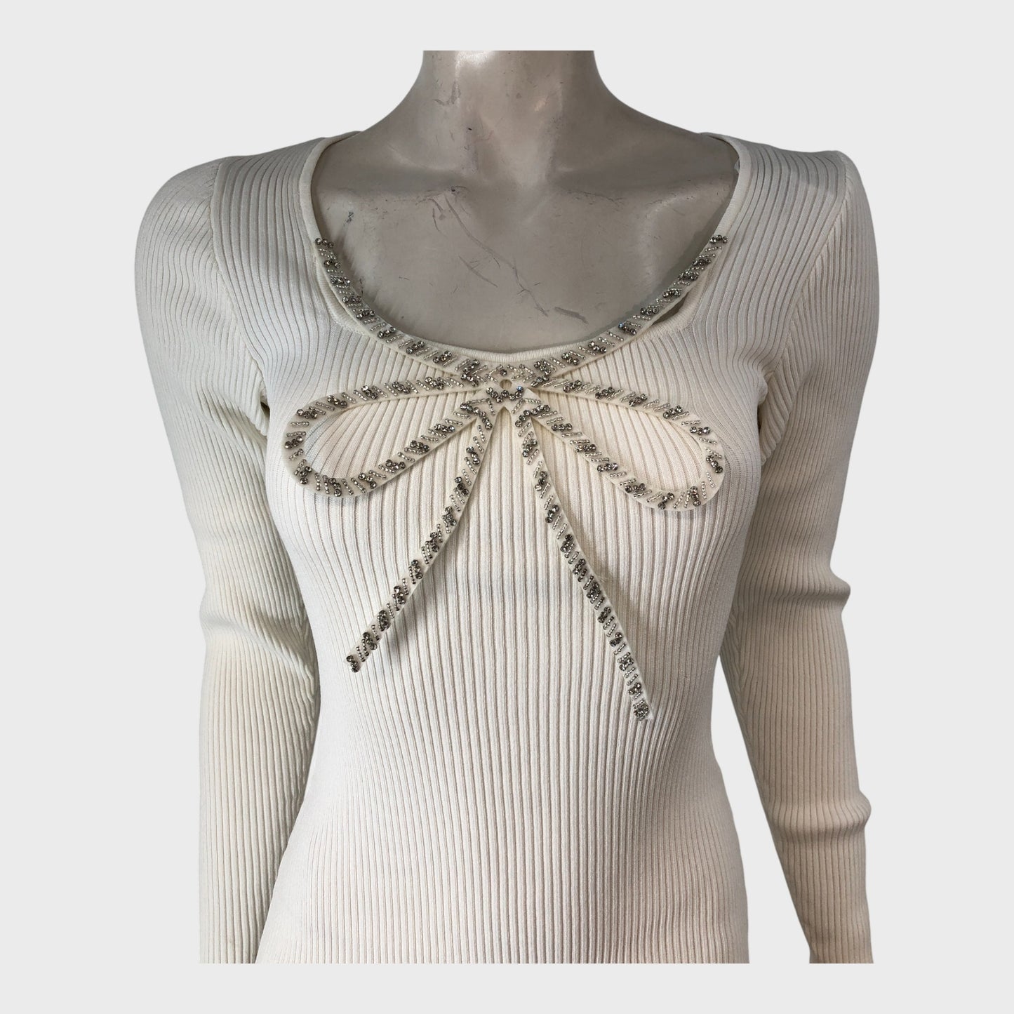 RIVER ISLAND White Ribbed Knit Mini Dress Women's Long Sleeve Beaded Bow size 12