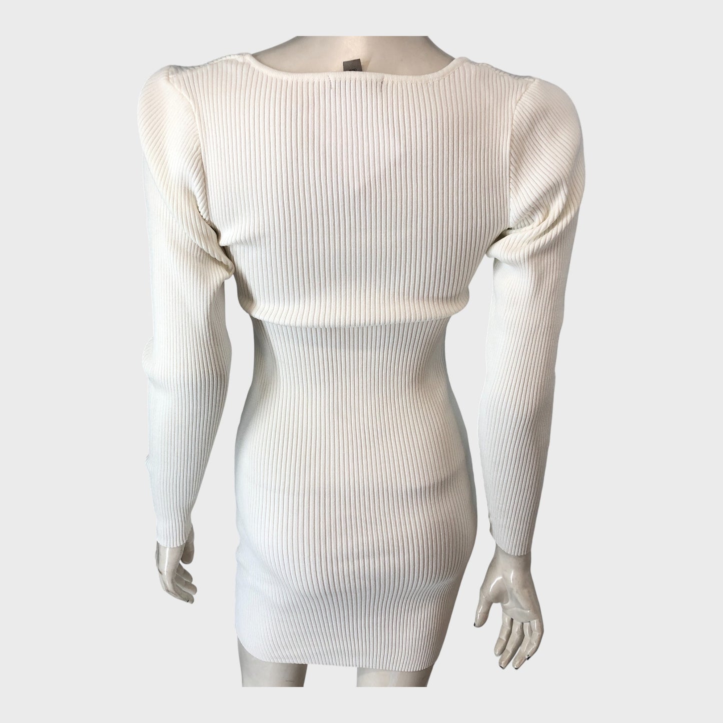 RIVER ISLAND White Ribbed Knit Mini Dress Women's Long Sleeve Beaded Bow size 12