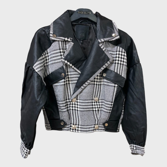 Black and White Checked Faux Leather Jacket