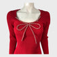 RIVER ISLAND Red Ribbed Knit Mini Dress Women's Long Sleeve Beaded Bow size 12