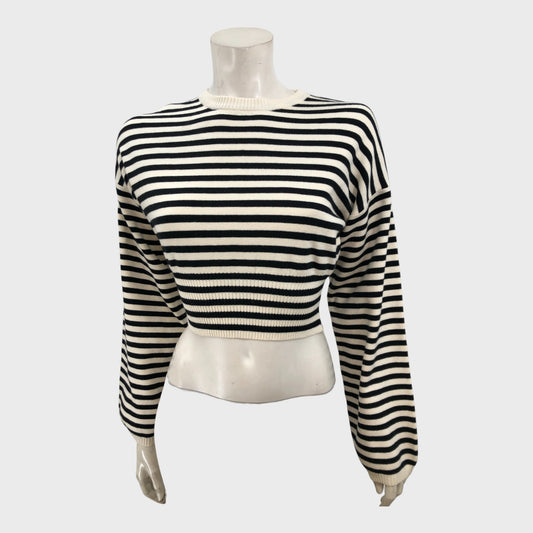 Bershka Black/Cream Striped Cropped Jumper - Size 6