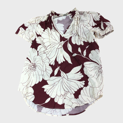 River Island Floral Short Sleeve Blouse Women's Red White V-Neck