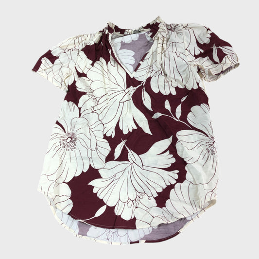 River Island Floral Short Sleeve Blouse Women's Red White V-Neck