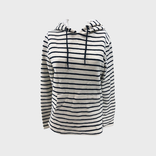 Branded White and Blue Striped Pull Over Hoodie