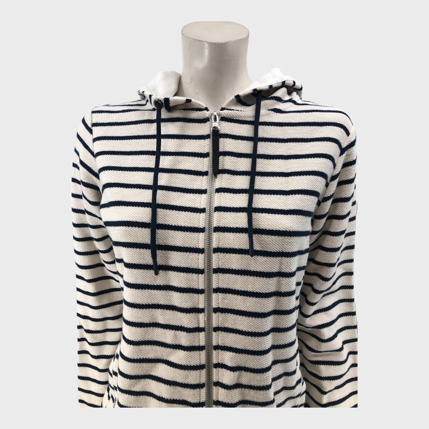 Branded White and Blue Striped Zip Hoodie