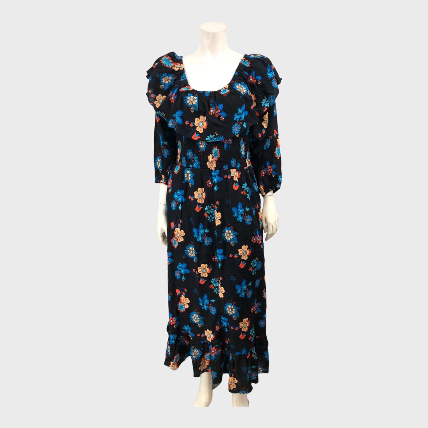 Branded Black Ruffle Floral Dress  - Size 12