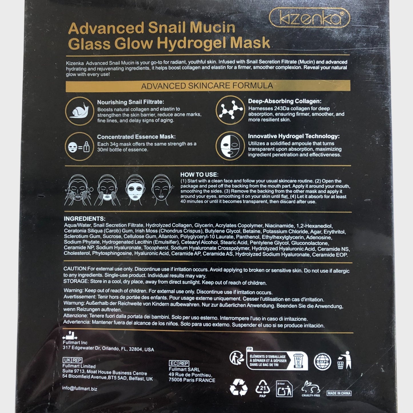 KIZENKA Snail Mucin Hydrogel Mask Glass Glow 6 Pack Firming Collagen