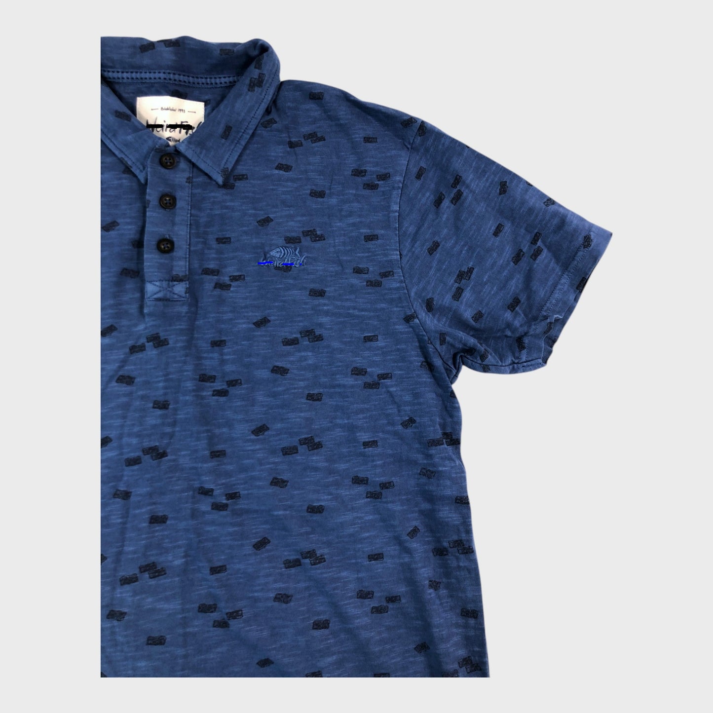 Branded Blue Camera Pattern Polo Shirt - Size Medium