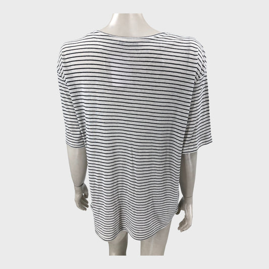 White and Navy Striped Linen T-Shirt