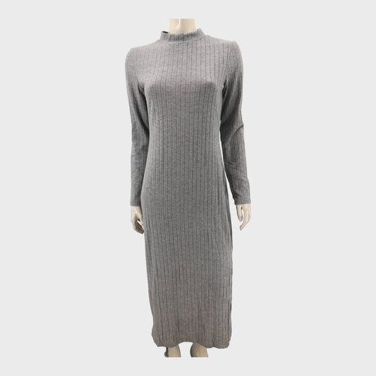 Grey Women's Ribbed High Neck Midi Dress